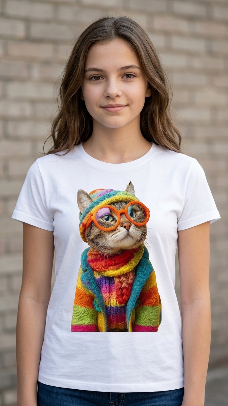 Playera Estampada Gato Arcoíris